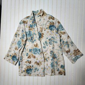 Vintage Joanna Blazer Jacket Beige Floral Print Size M USA Shoulder Pads